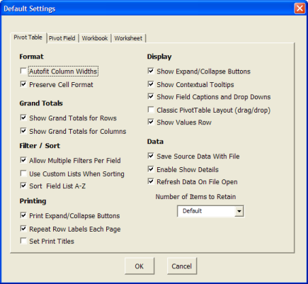 Pivot Table Default Settings