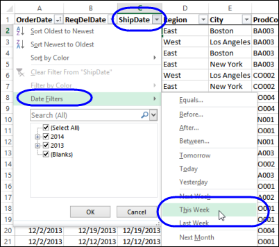 drop down filters in the heading cells