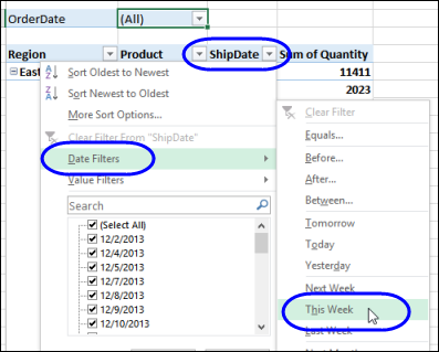 dynamic date filters available in row or column ares