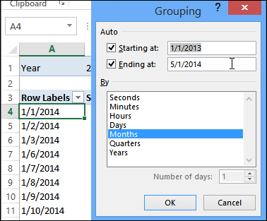 pivot table group by dialog box