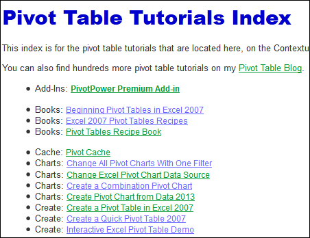 pivot table tutorial index