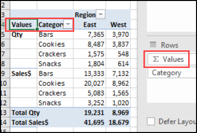 change pivot table layout