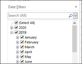 dates grouped in pivot table filter list