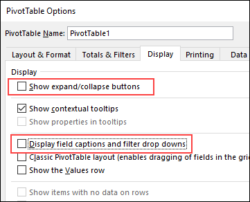 change pivot table display options