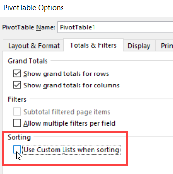 pivot table option Use Custom Lists When Sorting