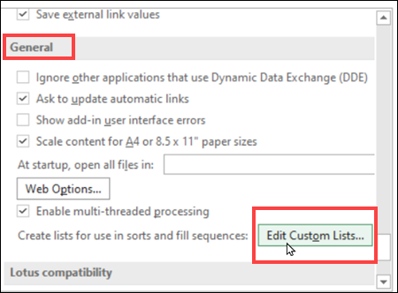 edit custom lists button in Excel options