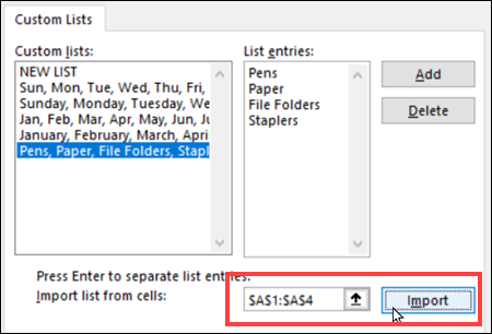 import worksheet list as custom list