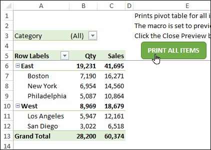 PrintAllItems sheet with macro button