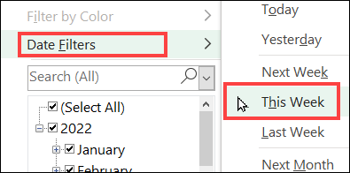 pivot table filter dynamic date range selection