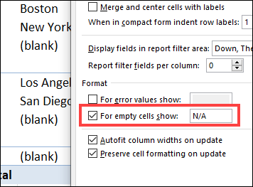 for empty cells show setting in pivot options