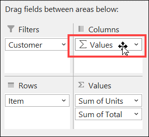 Values button in pivot table Columns area 