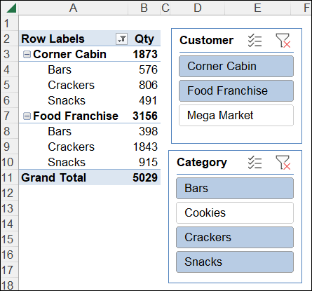 pivot table row field slicers