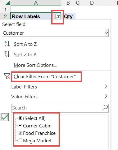 pivot table check row field filters