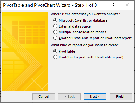 Excel 365 PivotTable Wizard