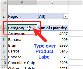 type over pivot field label on worksheet