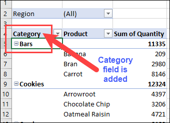 pivot field added to worksheet layout