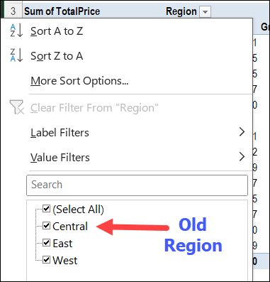 old region name in pivot table drop down list