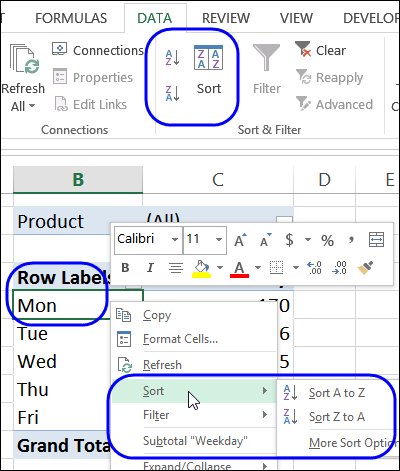 sort commands available for field in Row area