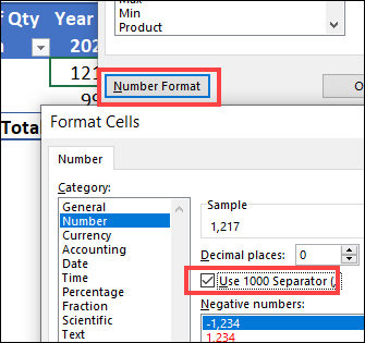 format pivot table numbers with thousand separator